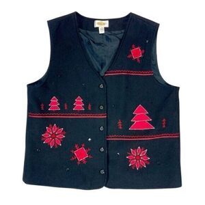 Talbots Wool Appliqué Embroider Sequins Christmas Vest L Black Red Holiday Coat